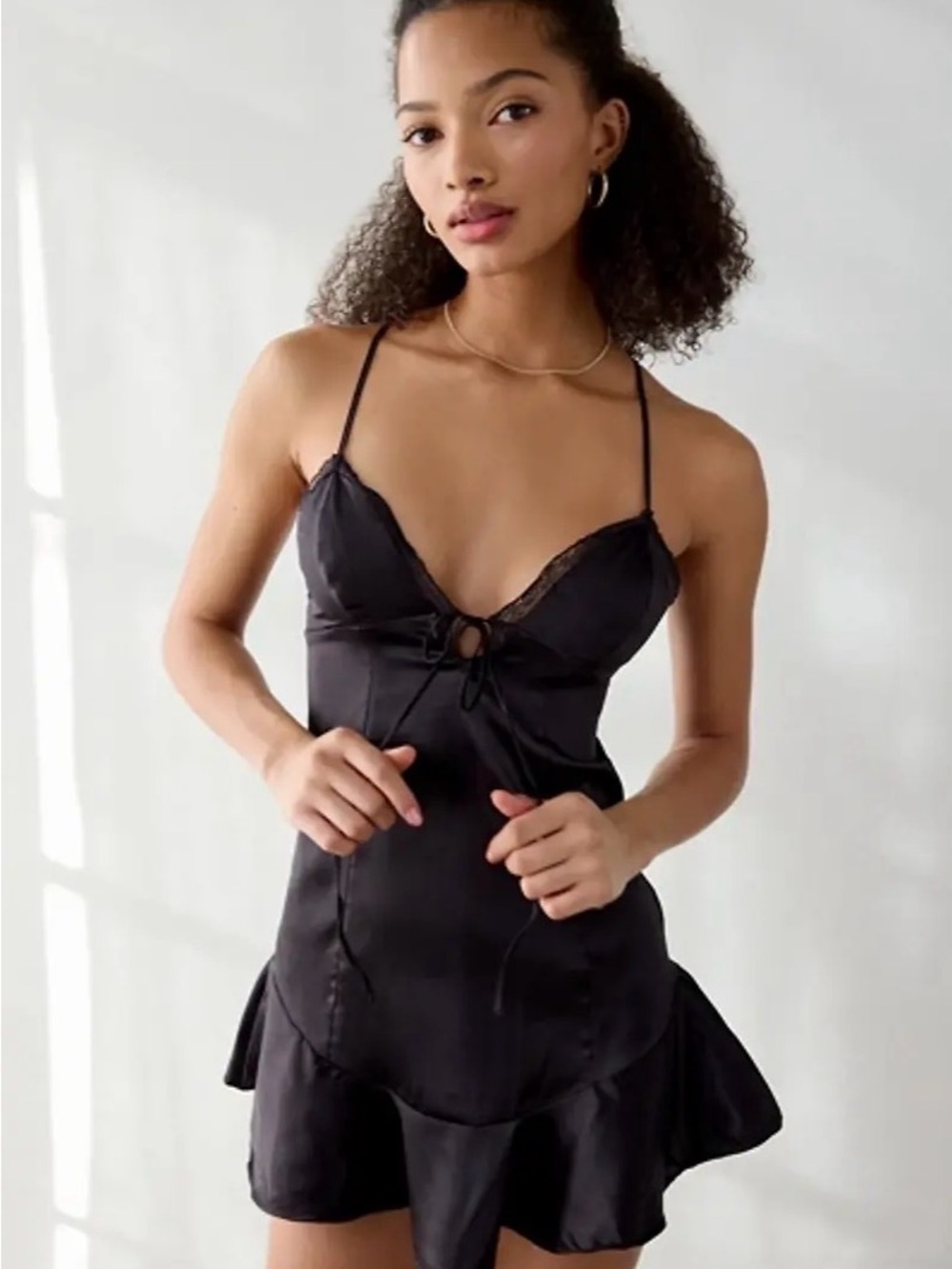 Urban Outfitters Black Satin Lace-Trim Chemise Slip